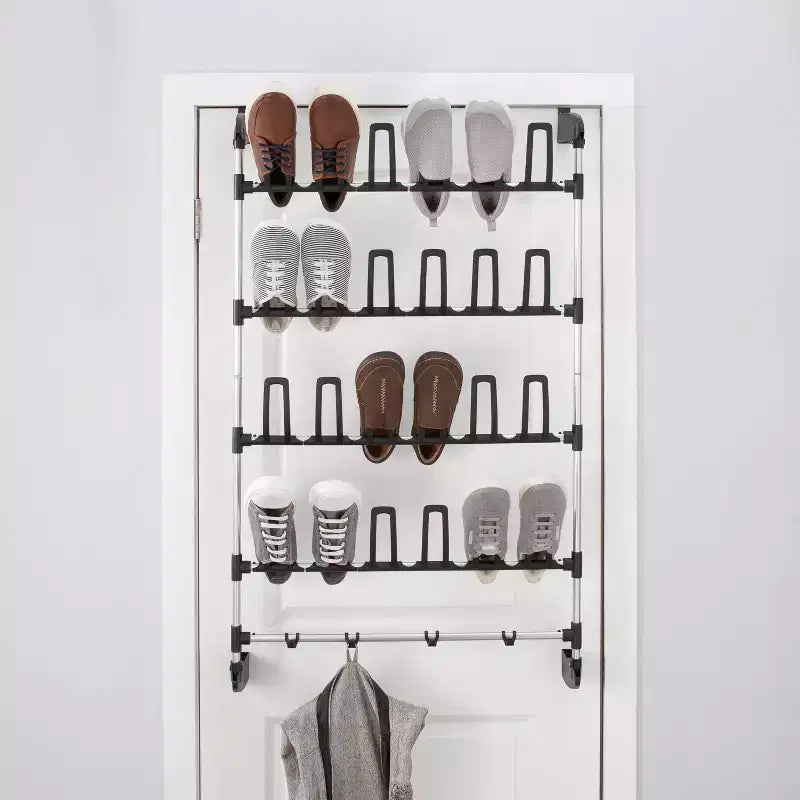 Organize It All – Range-chaussures de porte 12 paires avec 4 crochets à accessoires : organisateur chaussures et chapeaux à cadre métallique, solution de rangement pour porte