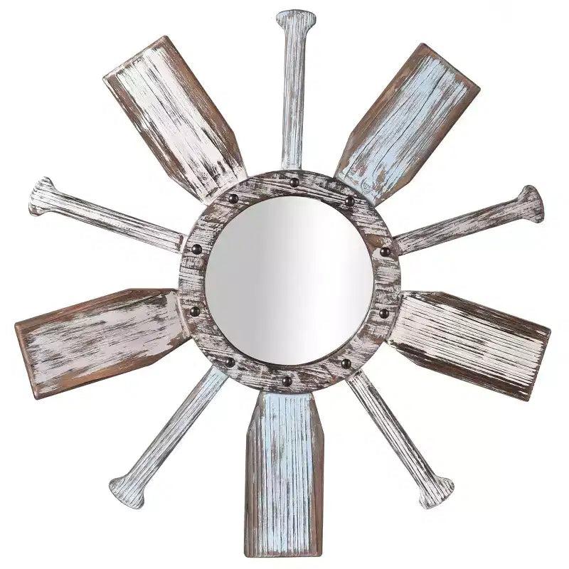 Montauk Weathered Boat Paddle Wall Mirror White/Blue - StyleCraft: No Assembly, Round Shape, Glass & Iron