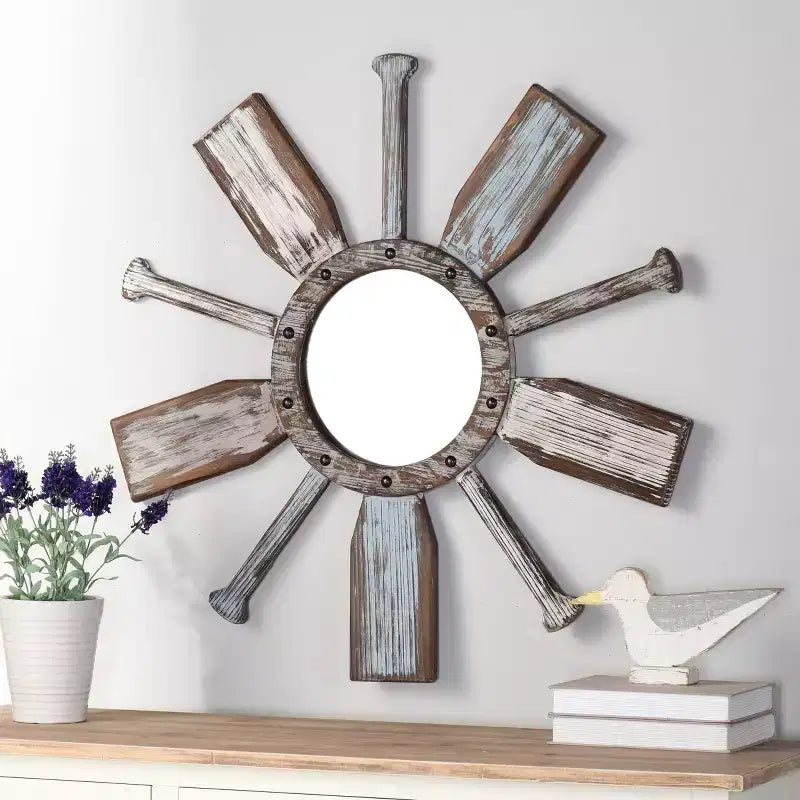 Montauk Weathered Boat Paddle Wall Mirror Blanc/Bleu - StyleCraft : Aucun assemblage, Forme ronde, Verre et fer