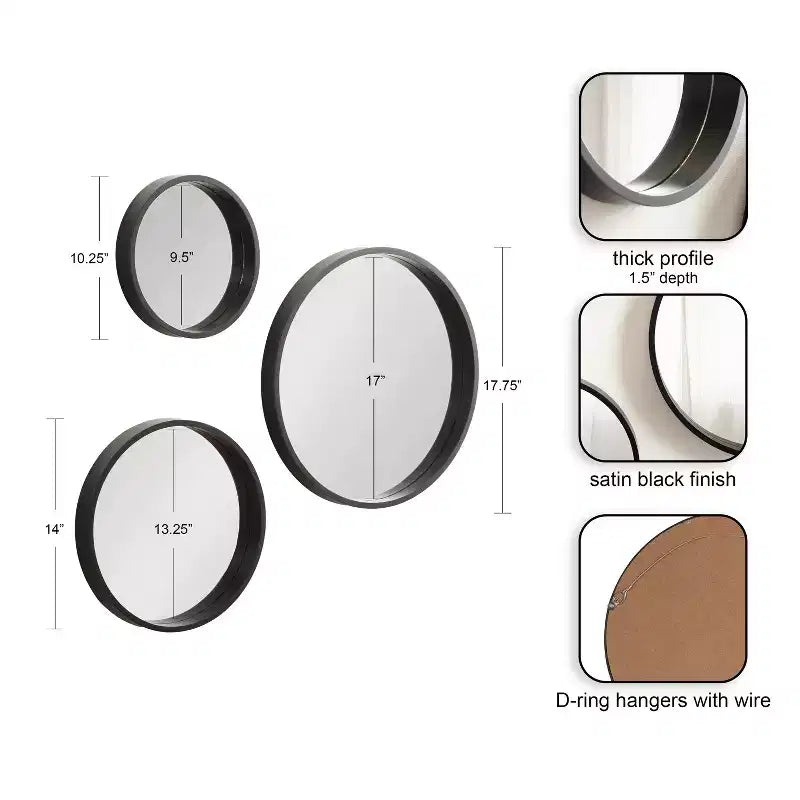 Kate & Laurel All Things Decor, lot de 3 miroirs muraux ronds Travis, noirs