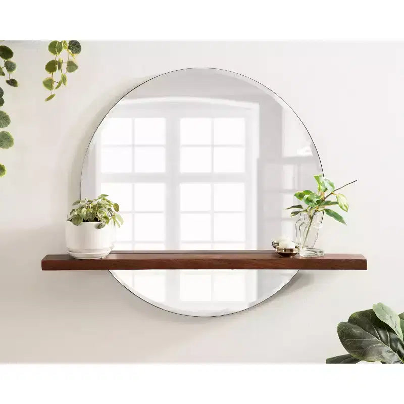 Miroir sans cadre rond Fosset 30" x 24" avec étagère Noyer Brun - Kate & Laurel All Things Decor : Bord biseauté chic, bois de manguier