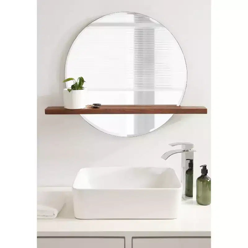 Miroir sans cadre rond Fosset 30" x 24" avec étagère Noyer Brun - Kate & Laurel All Things Decor : Bord biseauté chic, bois de manguier
