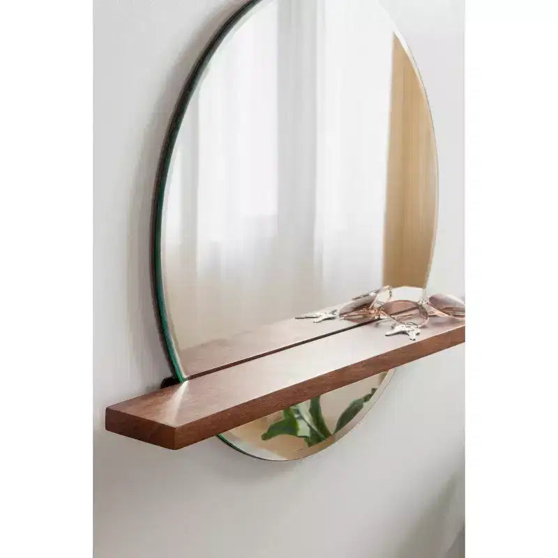 Miroir sans cadre rond Fosset 30" x 24" avec étagère Noyer Brun - Kate & Laurel All Things Decor : Bord biseauté chic, bois de manguier