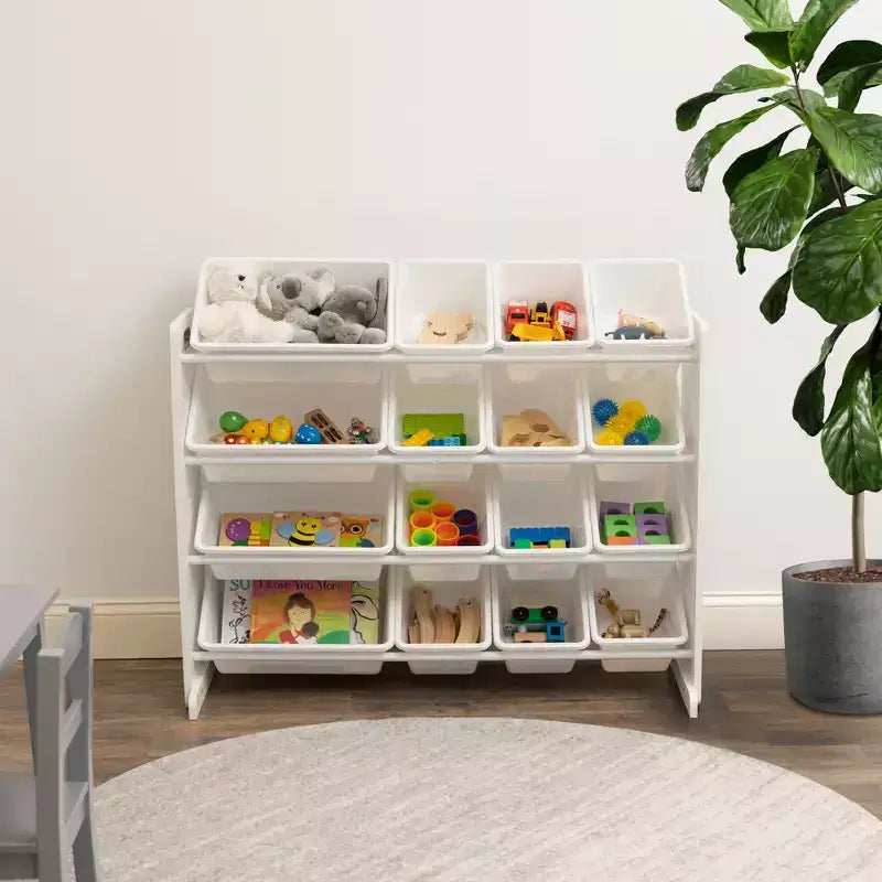 Grand Organisateur de Jouets pour Enfants Blanc – Humble Crew : Cadre en MDF, 4 étagères, Bacs de rangement, Quincaillerie anti-basculement