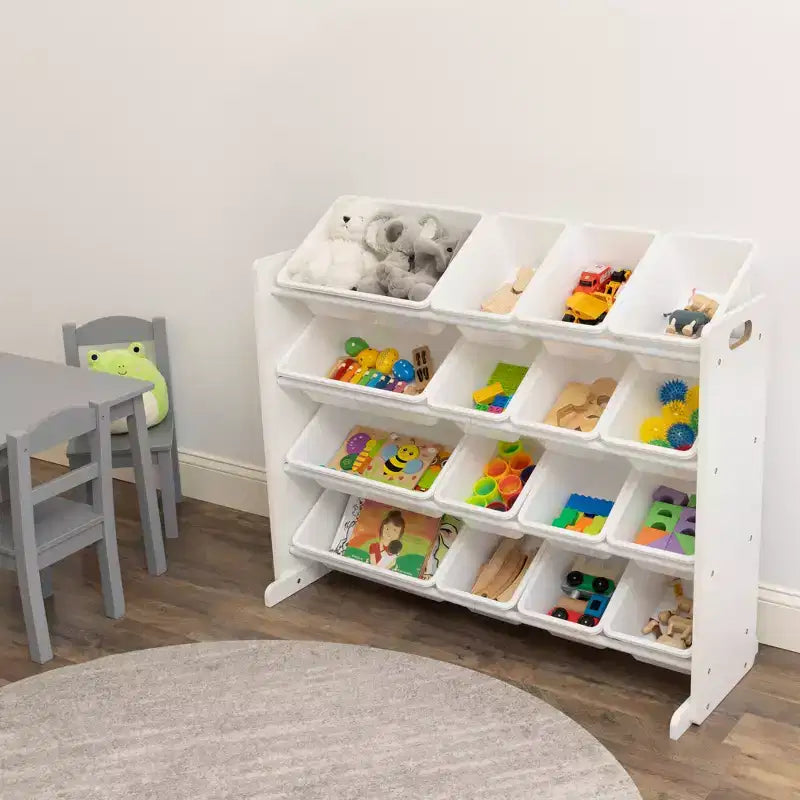 Grand Organisateur de Jouets pour Enfants Blanc – Humble Crew : Cadre en MDF, 4 étagères, Bacs de rangement, Quincaillerie anti-basculement