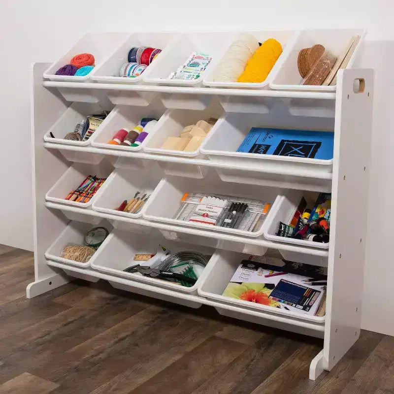 Grand Organisateur de Jouets pour Enfants Blanc – Humble Crew : Cadre en MDF, 4 étagères, Bacs de rangement, Quincaillerie anti-basculement