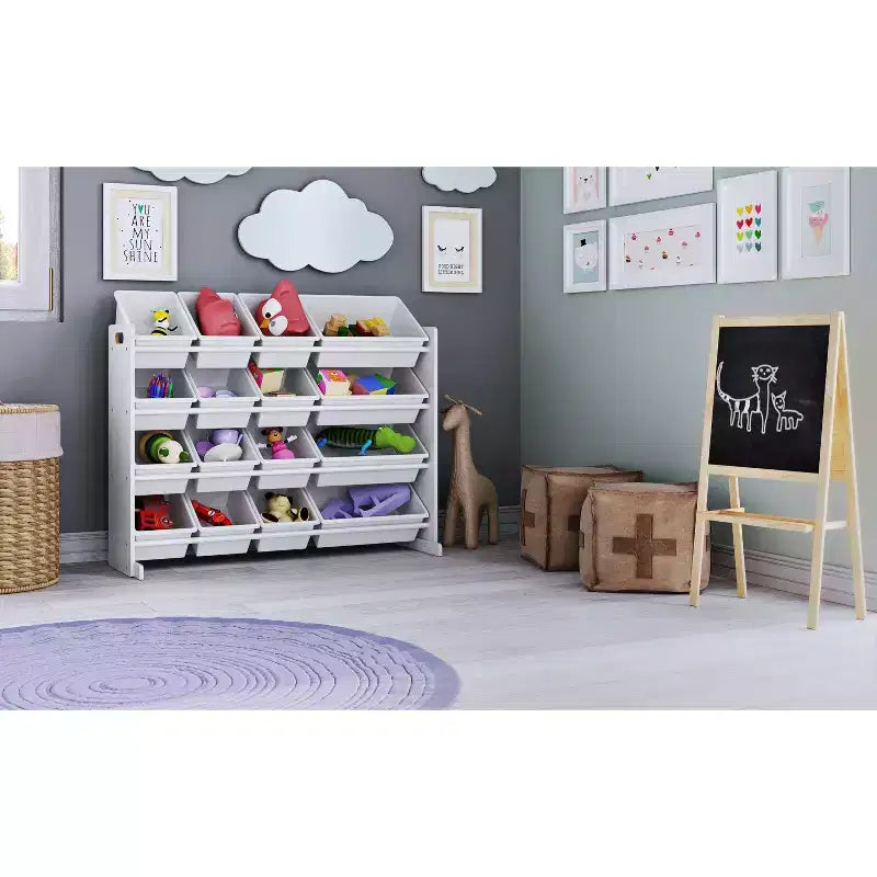 Grand Organisateur de Jouets pour Enfants Blanc – Humble Crew : Cadre en MDF, 4 étagères, Bacs de rangement, Quincaillerie anti-basculement