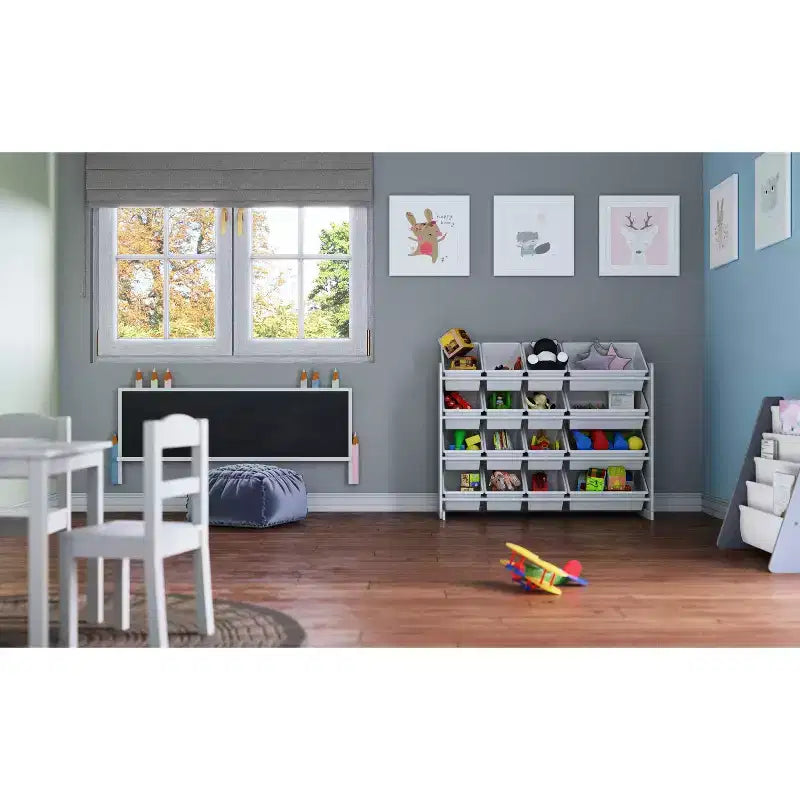 Grand Organisateur de Jouets pour Enfants Blanc – Humble Crew : Cadre en MDF, 4 étagères, Bacs de rangement, Quincaillerie anti-basculement