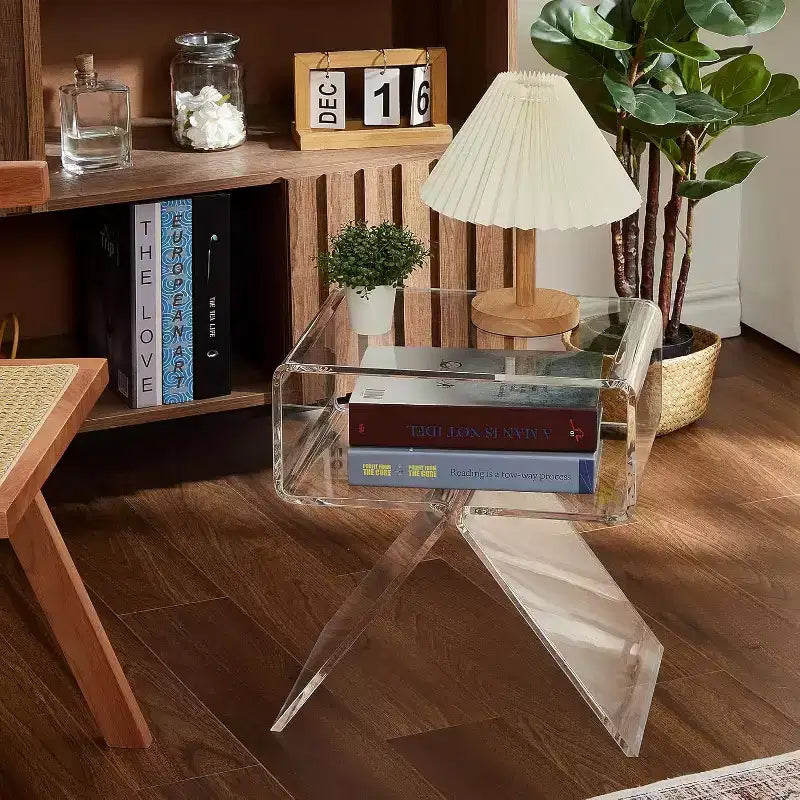 Table de chevet Acekool en acrylique transparent 45 x 30 x 39 cm (L x l x H), table d'appoint minimaliste moderne avec pieds triangulaires, aucun assemblage requis