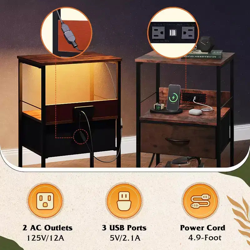 Table de chevet LED GALAXHERO avec station de charge Tiroir en tissu réglable, Table d'appoint compacte à 3 niveaux pour chambre à coucher
