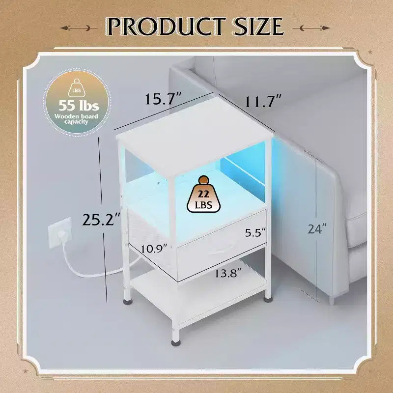 Table de chevet LED GALAXHERO avec station de charge Tiroir en tissu réglable, Table d'appoint compacte à 3 niveaux pour chambre à coucher