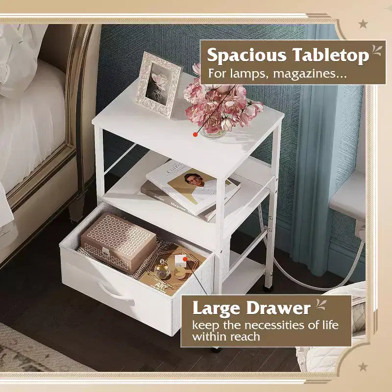 Table de chevet LED GALAXHERO avec station de charge Tiroir en tissu réglable, Table d'appoint compacte à 3 niveaux pour chambre à coucher
