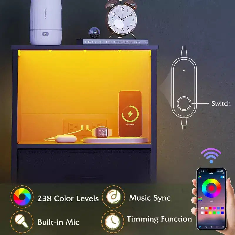 Table de chevet LED GALAXHERO avec station de charge Tiroir en tissu réglable, Table d'appoint compacte à 3 niveaux pour chambre à coucher