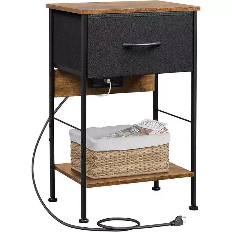 Table de chevet LED GALAXHERO avec station de charge Tiroir en tissu réglable, Table d'appoint compacte à 3 niveaux pour chambre à coucher