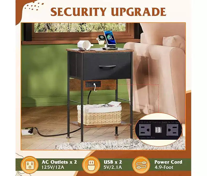 Table de chevet LED GALAXHERO avec station de charge Tiroir en tissu réglable, Table d'appoint compacte à 3 niveaux pour chambre à coucher
