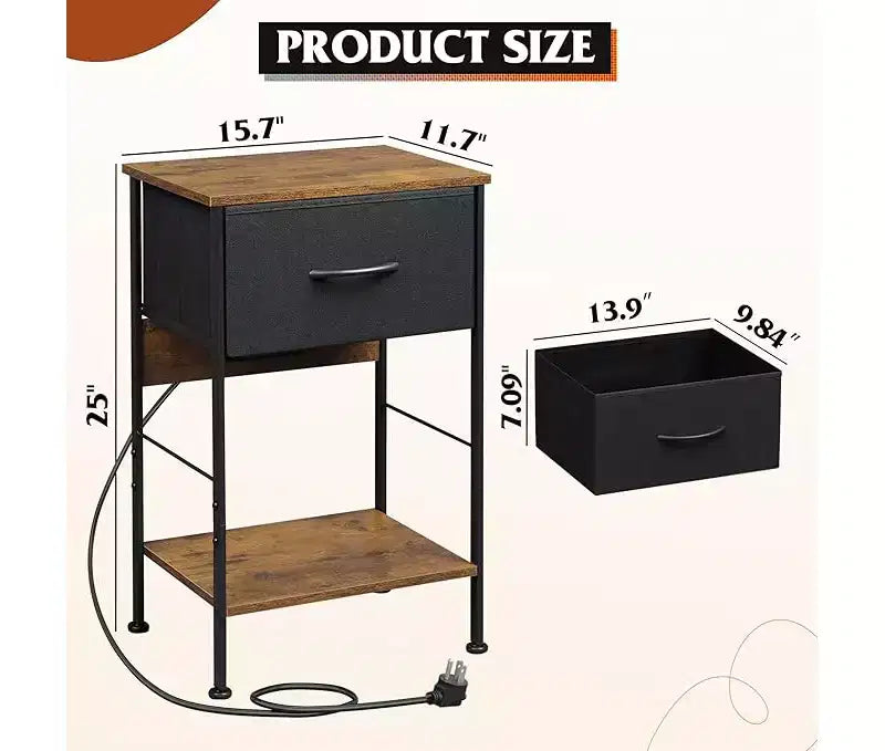 Table de chevet LED GALAXHERO avec station de charge Tiroir en tissu réglable, Table d'appoint compacte à 3 niveaux pour chambre à coucher