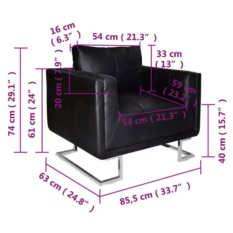 vidaXL Fauteuil cube moderne avec pieds chromés, revêtement en cuir noir - Noir