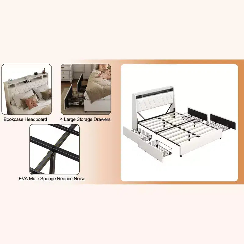 Lit plateforme Okak pour grand lit/très grand lit avec 4 tiroirs de rangement rembourrés et chargeur intégré Cadre en métal Pas besoin de sommier Aucun bruit
