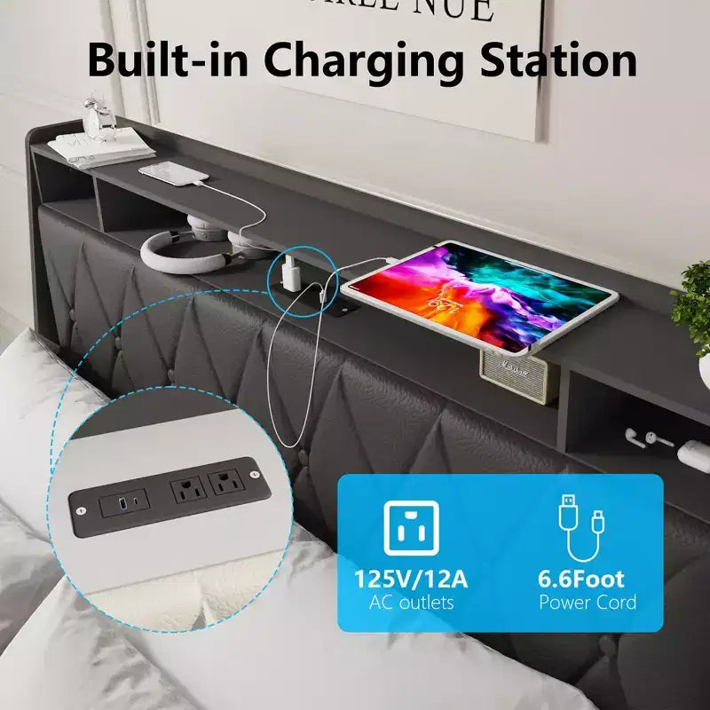 Lit plateforme Okak pour grand lit/très grand lit avec 4 tiroirs de rangement rembourrés et chargeur intégré Cadre en métal Pas besoin de sommier Aucun bruit