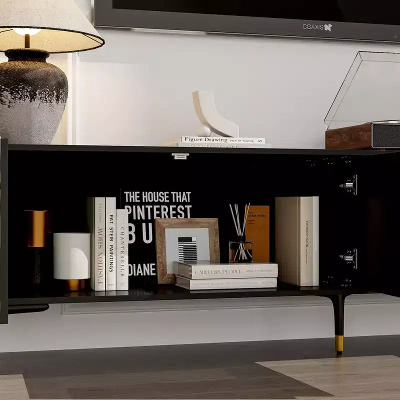 Meuble TV Noir Famapy avec Portes à Motifs Géométriques - Accents Dorés, Console Multimédia Moderne