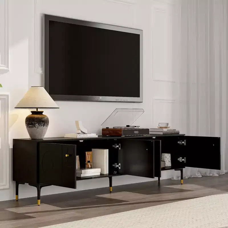 Meuble TV Noir Famapy avec Portes à Motifs Géométriques - Accents Dorés, Console Multimédia Moderne