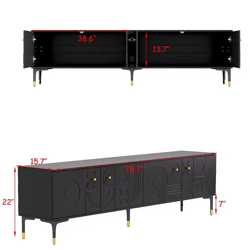 Meuble TV Noir Famapy avec Portes à Motifs Géométriques - Accents Dorés, Console Multimédia Moderne