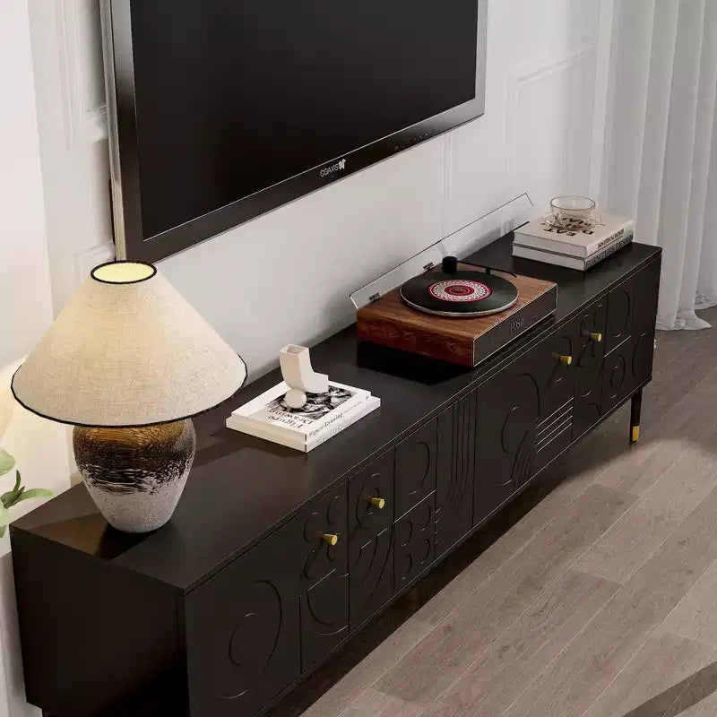 Meuble TV Noir Famapy avec Portes à Motifs Géométriques - Accents Dorés, Console Multimédia Moderne