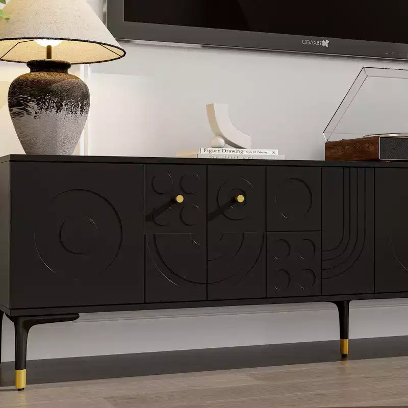 Meuble TV Noir Famapy avec Portes à Motifs Géométriques - Accents Dorés, Console Multimédia Moderne