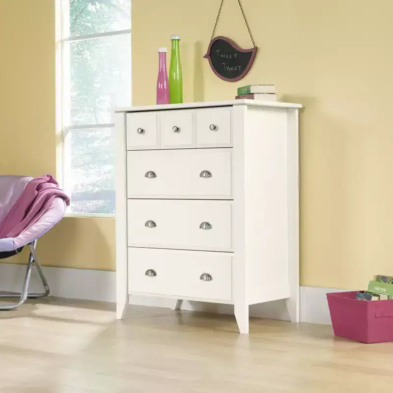 HomeStock Commode verticale en bois composite de 20,96 cm de haut avec 4 tiroirs au fini blanc