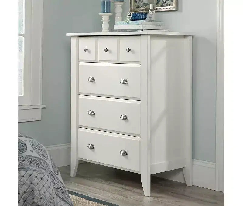 HomeStock Commode verticale en bois composite de 20,96 cm de haut avec 4 tiroirs au fini blanc