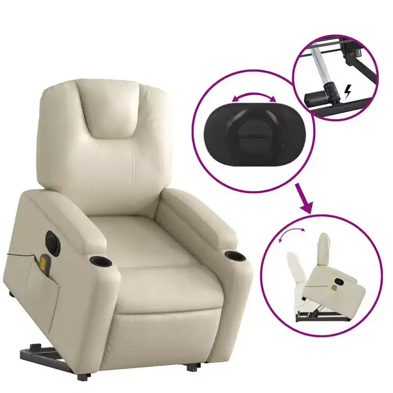 vidaXL Fauteuil inclinable de massage électrique - Fauteuil releveur en similicuir crème avec massage vibrant, fonction de levage électrique, porte-gobelets pour le confort du salon
