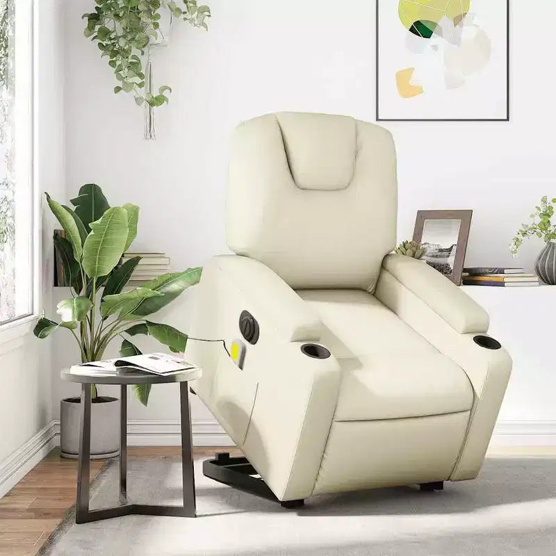 vidaXL Fauteuil inclinable de massage électrique - Fauteuil releveur en similicuir crème avec massage vibrant, fonction de levage électrique, porte-gobelets pour le confort du salon