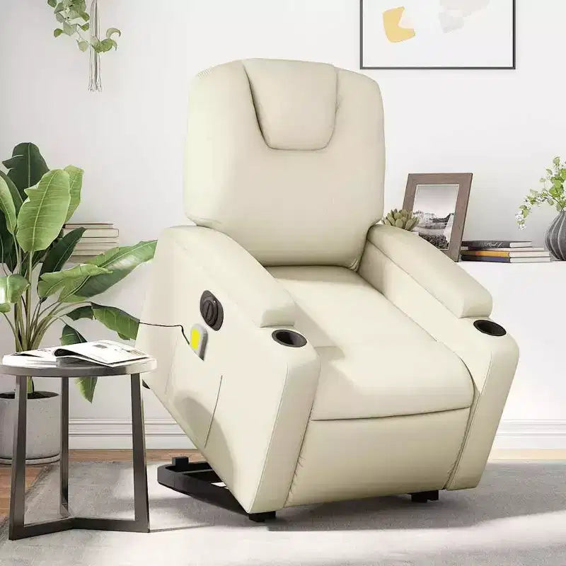 vidaXL Fauteuil inclinable de massage électrique - Fauteuil releveur en similicuir crème avec massage vibrant, fonction de levage électrique, porte-gobelets pour le confort du salon