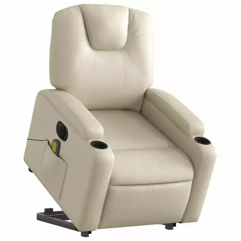 vidaXL Fauteuil inclinable de massage électrique - Fauteuil releveur en similicuir crème avec massage vibrant, fonction de levage électrique, porte-gobelets pour le confort du salon
