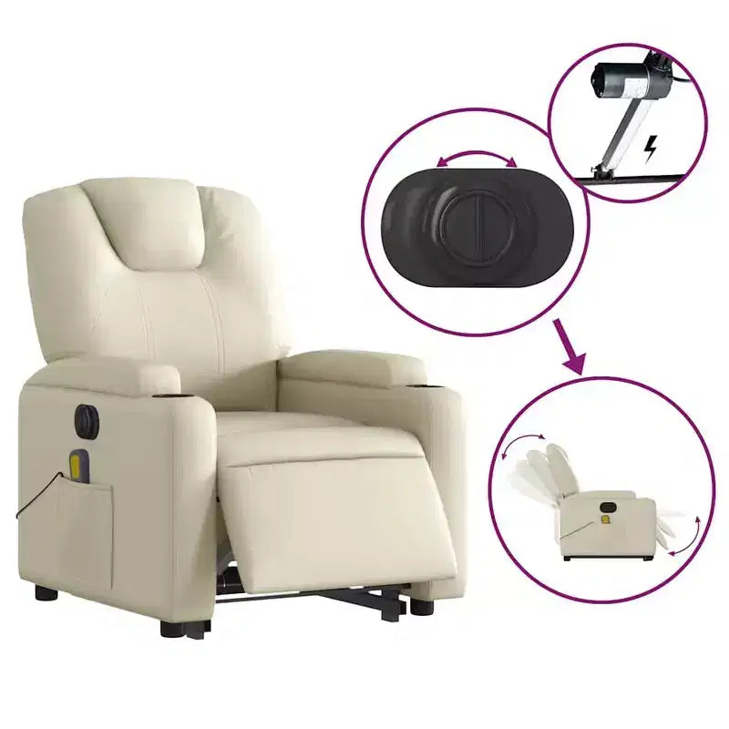 vidaXL Fauteuil inclinable de massage électrique - Fauteuil releveur en similicuir crème avec massage vibrant, fonction de levage électrique, porte-gobelets pour le confort du salon