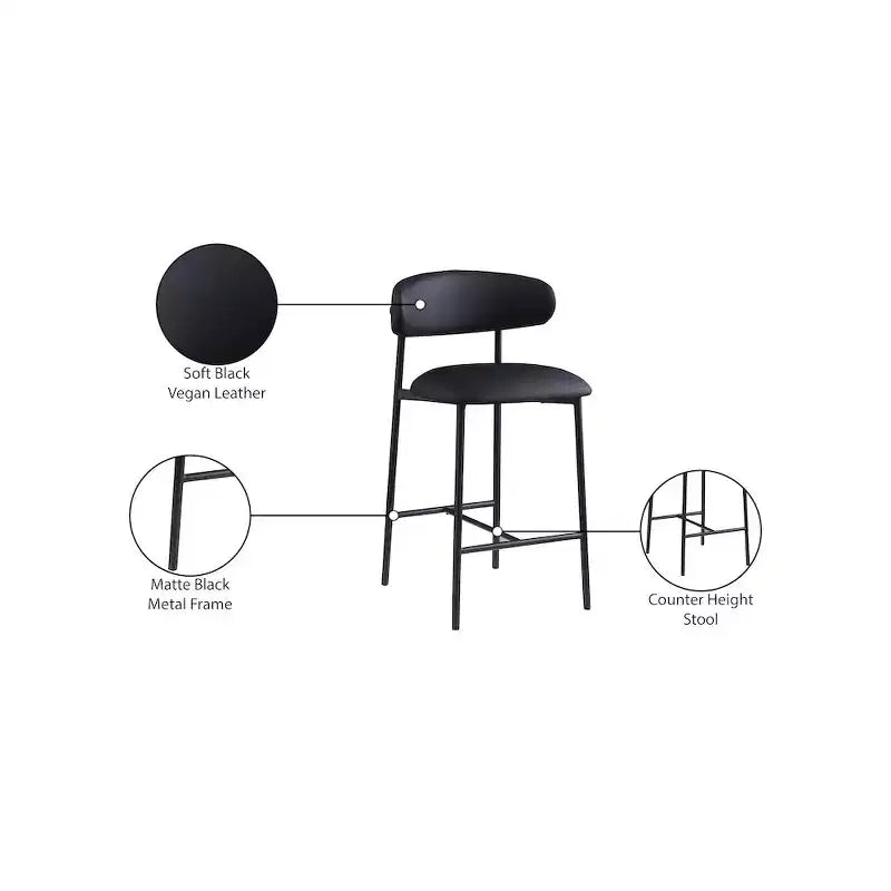 Meridian Furniture, Tabouret de comptoir Lupita en cuir vegan noir, Lot de 2