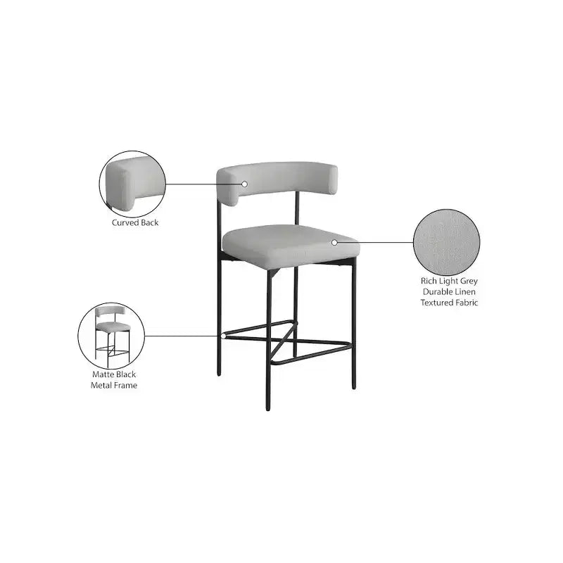 Meridian Furniture, Tabouret en tissu texturé lin gris clair et durable Rivage, lot de 2