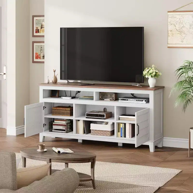 Meuble TV moderne 65 po | Portes doubles semi-ouvertes et 8 compartiments | 3 tablettes réglables | PB+MDF | pour salon et chambre à coucher