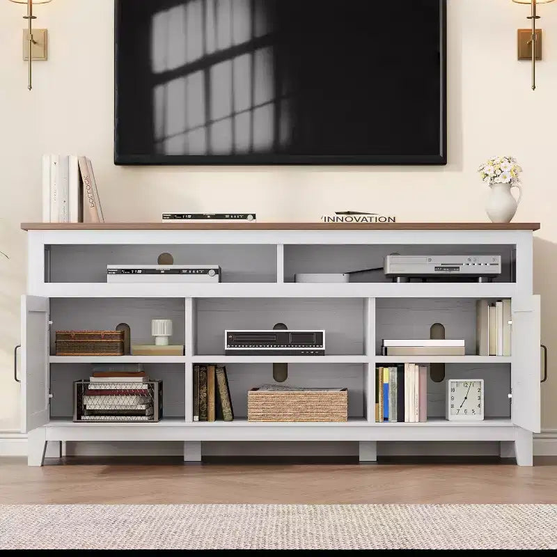 Meuble TV moderne 65 po | Portes doubles semi-ouvertes et 8 compartiments | 3 tablettes réglables | PB+MDF | pour salon et chambre à coucher