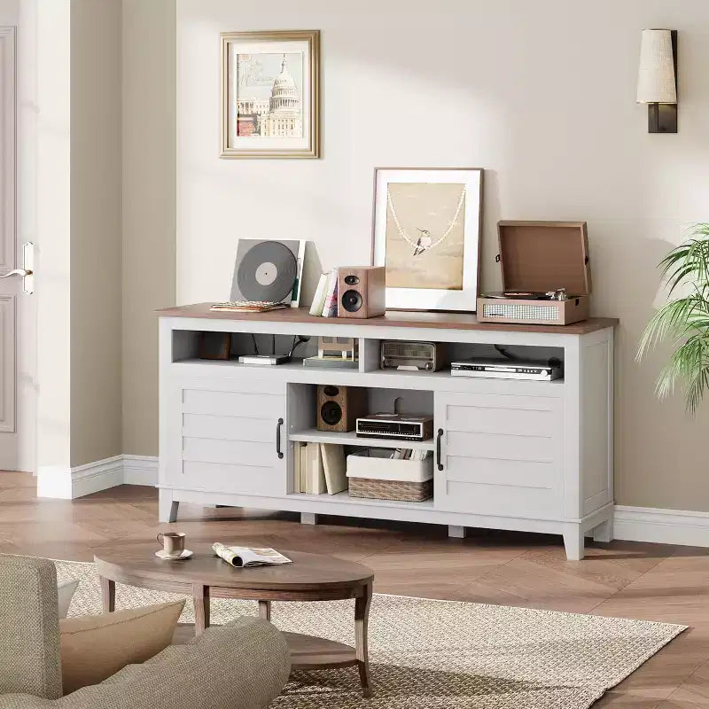 Meuble TV moderne 65 po | Portes doubles semi-ouvertes et 8 compartiments | 3 tablettes réglables | PB+MDF | pour salon et chambre à coucher