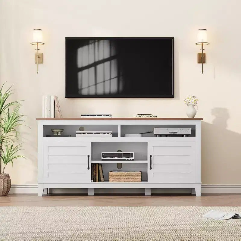 Meuble TV moderne 65 po | Portes doubles semi-ouvertes et 8 compartiments | 3 tablettes réglables | PB+MDF | pour salon et chambre à coucher
