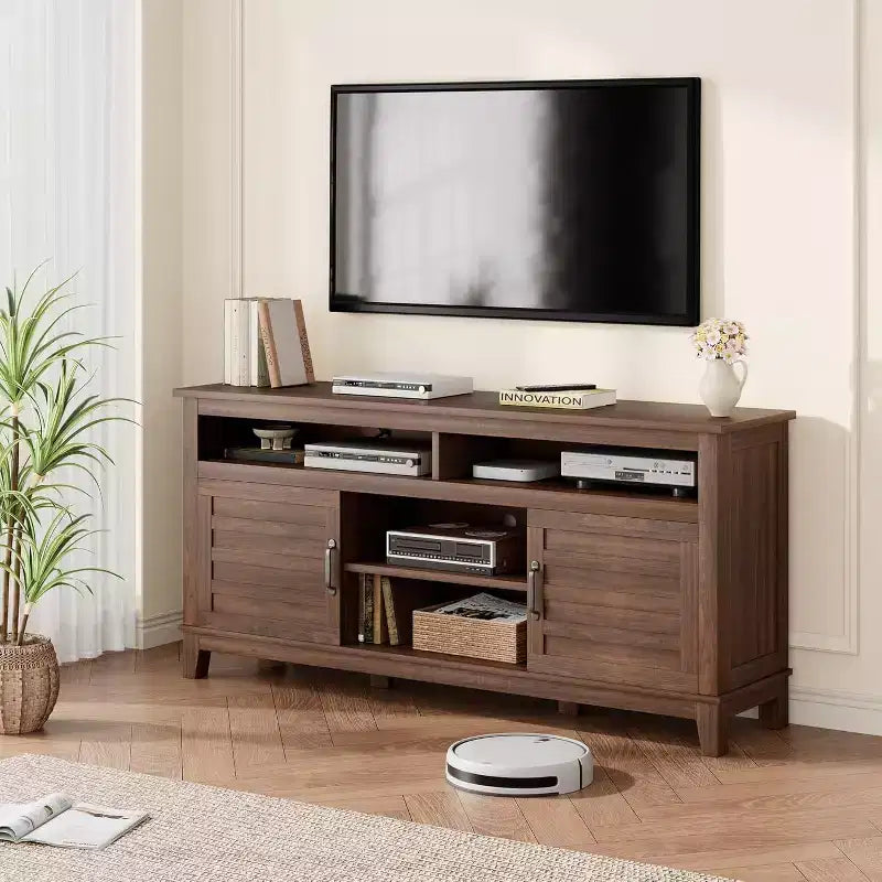 Meuble TV moderne 65 po | Portes doubles semi-ouvertes et 8 compartiments | 3 tablettes réglables | PB+MDF | pour salon et chambre à coucher