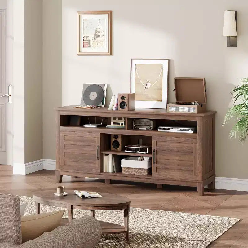 Meuble TV moderne 65 po | Portes doubles semi-ouvertes et 8 compartiments | 3 tablettes réglables | PB+MDF | pour salon et chambre à coucher