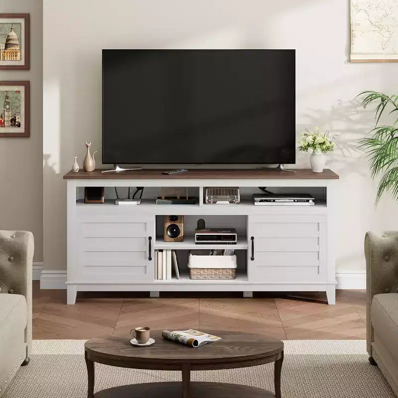 Meuble TV moderne 65 po | Portes doubles semi-ouvertes et 8 compartiments | 3 tablettes réglables | PB+MDF | pour salon et chambre à coucher