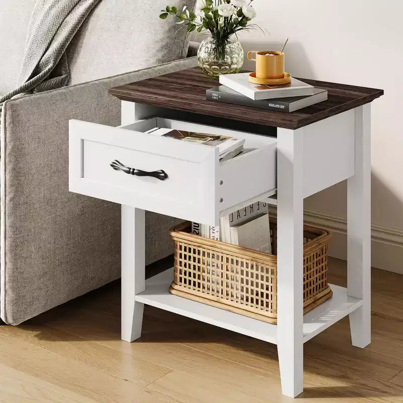 Tables de chevet lot de 2, Table d'appoint avec tiroir, Table latérale pour petits espaces, Étagères de rangement à 2 niveaux avec commode, Table de chevet
