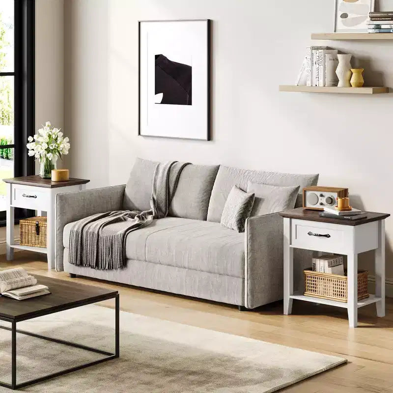 Tables de chevet lot de 2, Table d'appoint avec tiroir, Table latérale pour petits espaces, Étagères de rangement à 2 niveaux avec commode, Table de chevet