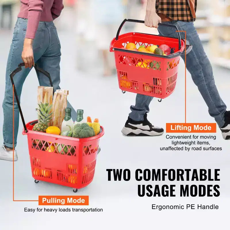 VEVOR Paniers de courses, 6 pièces, chariots de courses 39L avec poignées, paniers de courses roulants en plastique avec roues, grand ensemble de paniers de courses portables, rouge