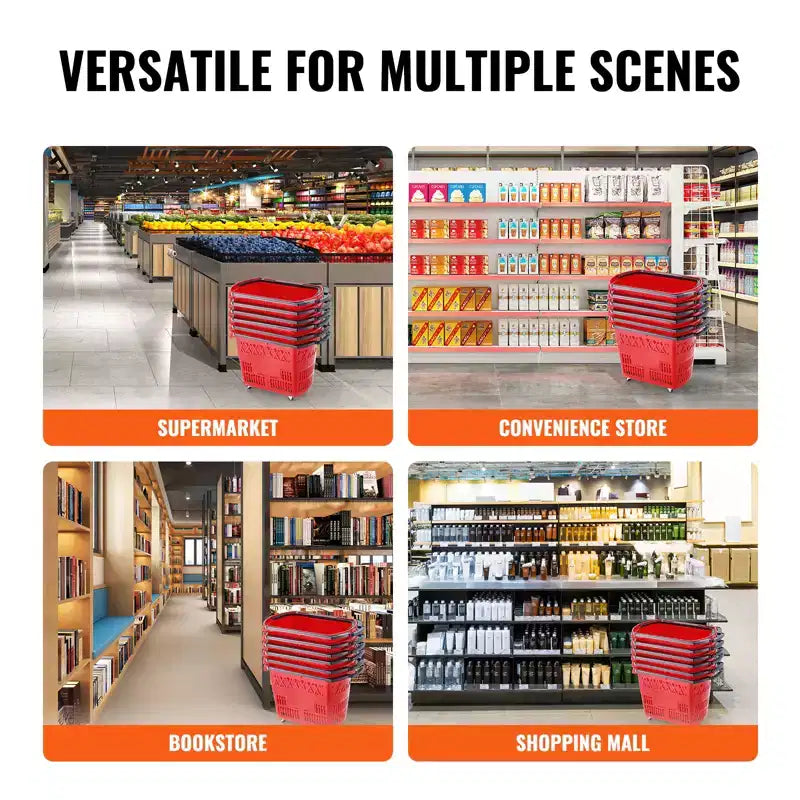 VEVOR Paniers de courses, 6 pièces, chariots de courses 39L avec poignées, paniers de courses roulants en plastique avec roues, grand ensemble de paniers de courses portables, rouge