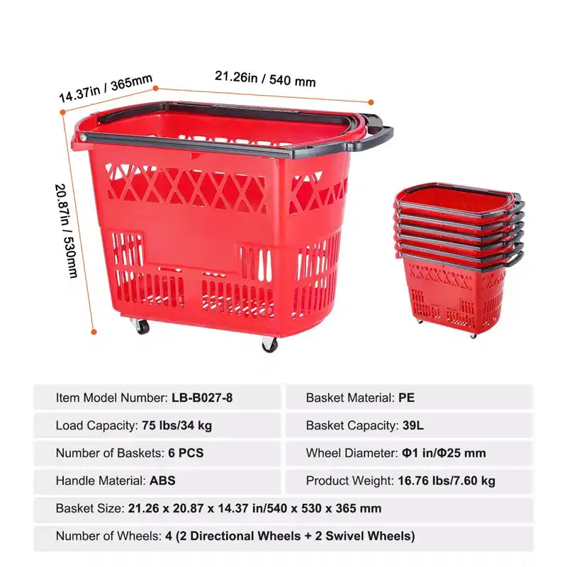 VEVOR Paniers de courses, 6 pièces, chariots de courses 39L avec poignées, paniers de courses roulants en plastique avec roues, grand ensemble de paniers de courses portables, rouge