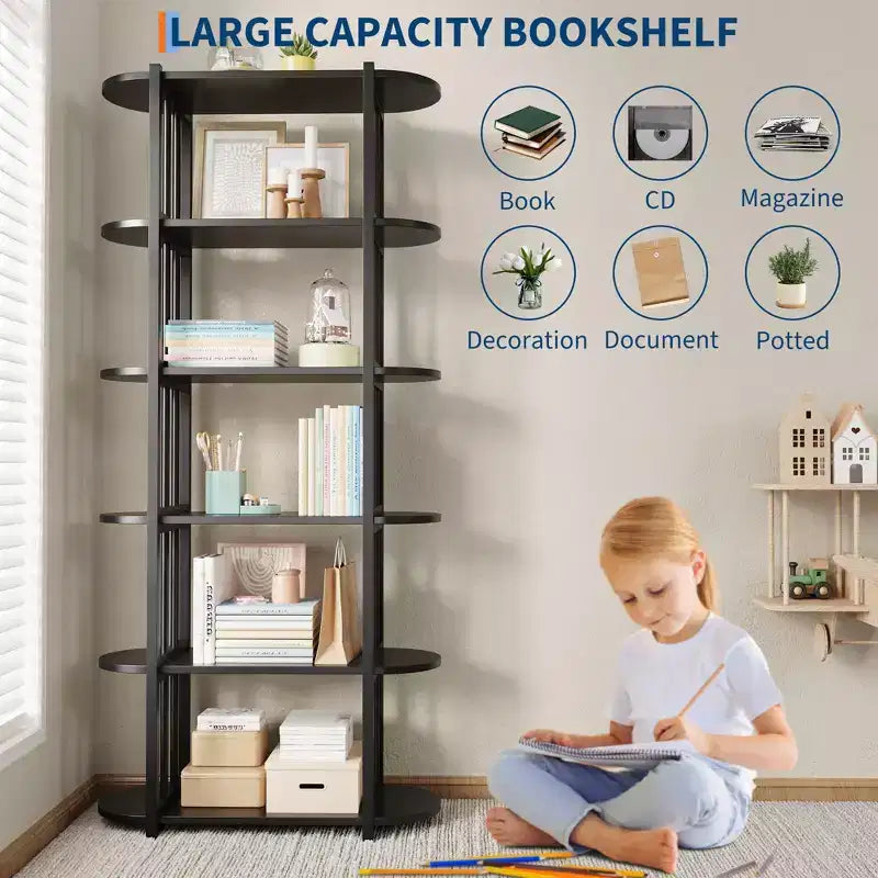 Bibliothèque à 6 niveaux, Organisateur de rangement de bibliothèque pour bureau à domicile, Unité d'étagères de rangement autoportante pour chambre à coucher, salon et bureau à domicile